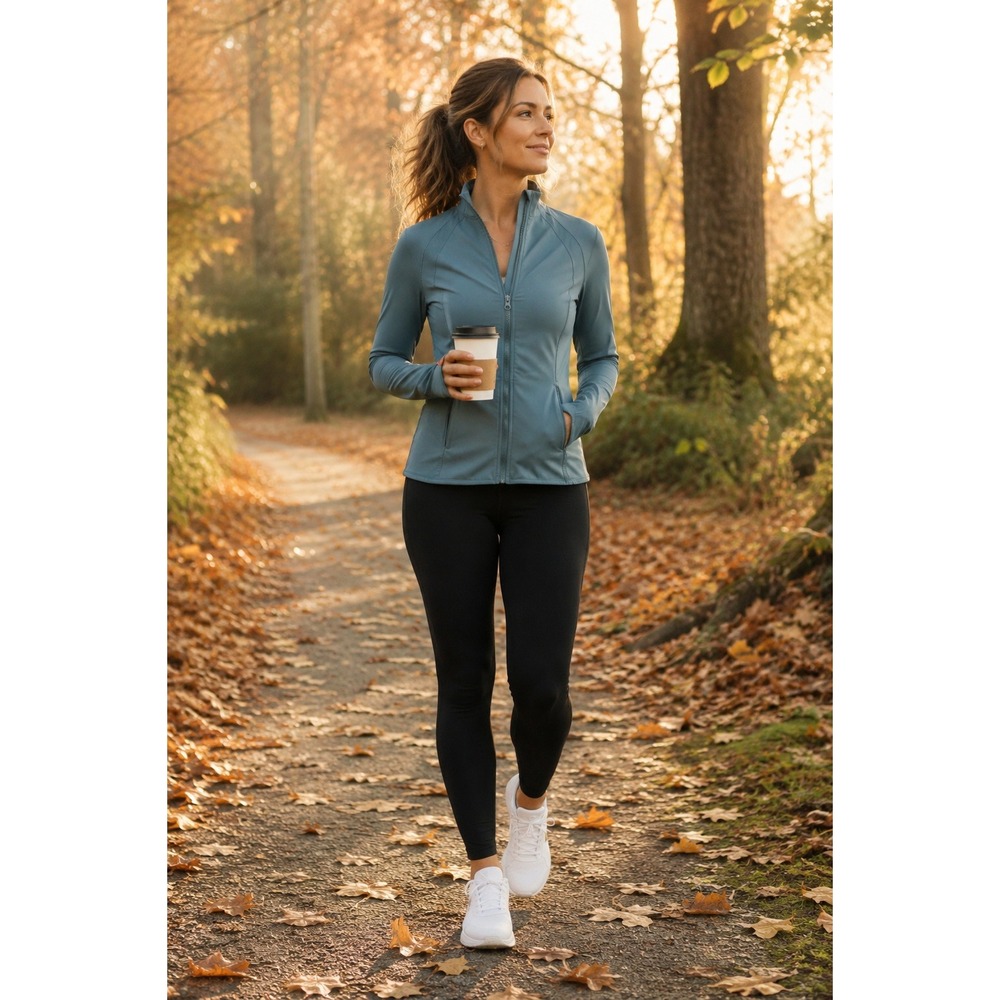 Yogalicious Womens Small Full Zip‎ Track Jacket Slate Blue Mock Neck Thumbholes